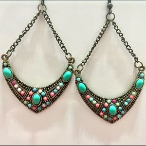 South American Statement Earrings with pink and green stones in bronze setting